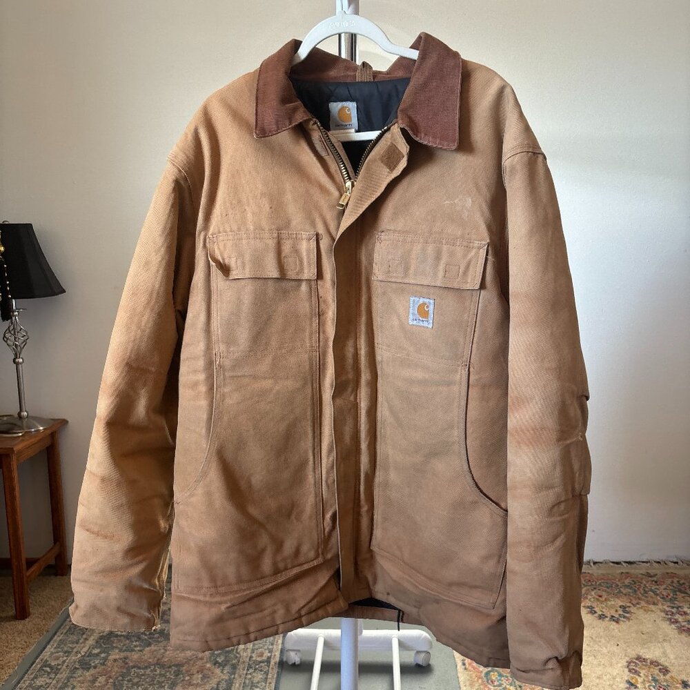 USA Union Made Carhartt Duck Canvas Chore Coat - est XL - Cord Collar likely VTG